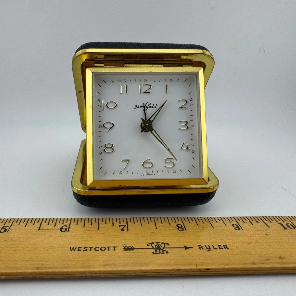 Vintage Northfield Black Travel Alarm Clock German Mechanical Wind Up Folding